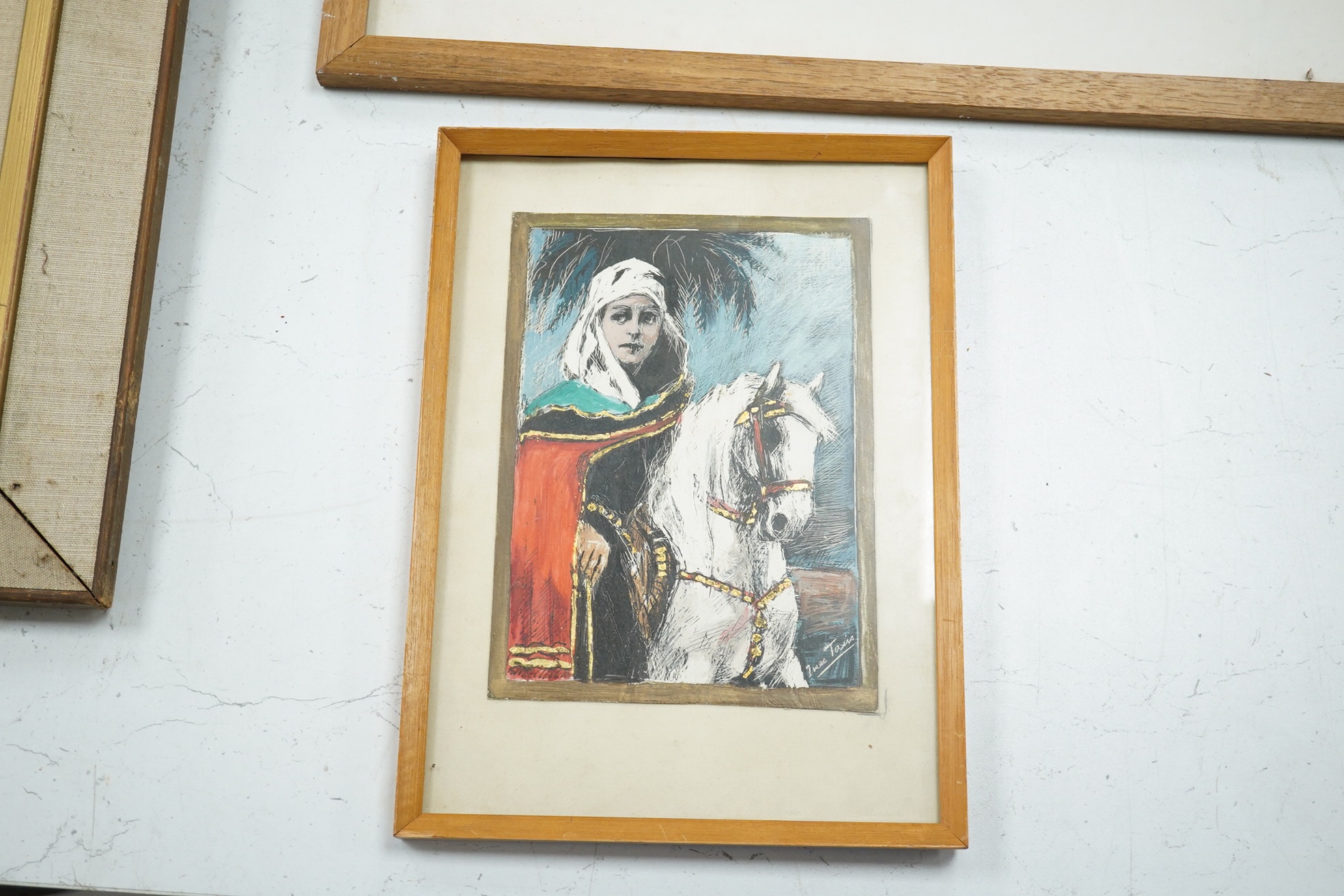 Ines Taxis (1883-1973), mixed media, Figure on horseback, indistinctly signed lower right, 19 x 13cm. Condition - good